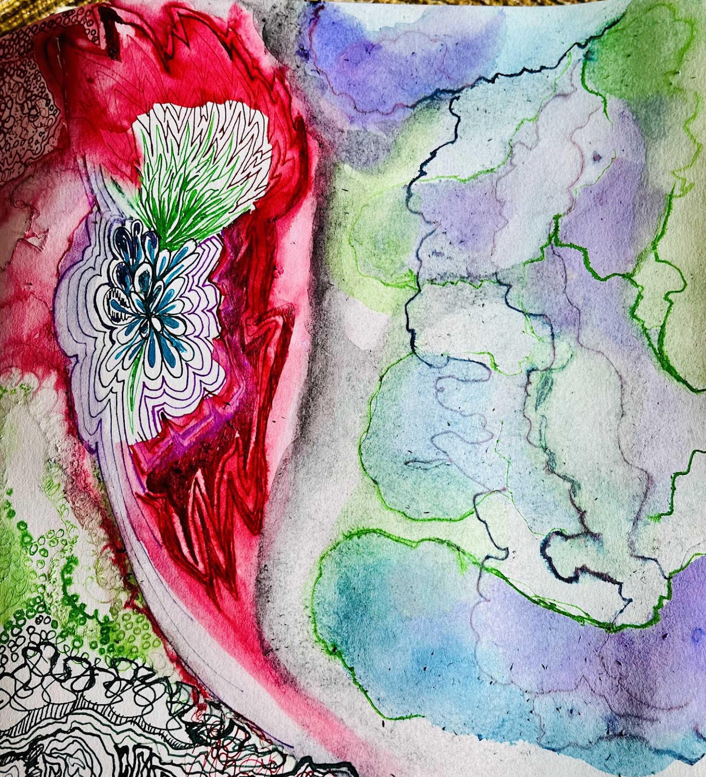 Kleurrijk werk op papier met inkt en aquarel, gemaakt in de studio aan de Griftdijk